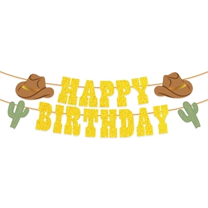 Western cowboy themed Happy Birthday banner with gold glitter letters and cactus decor