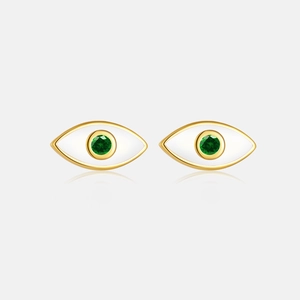Macro detail of gold S925 silver evil eye stud earrings with green crystal inlay
