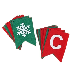 Christmas party banner with red and green felt flags featuring white snowflake designs