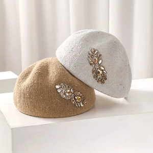 Women Knitted Beret Hat With Rhinestone Flower Elegant Sequin Warm Winter Autumn Fashion Accessory