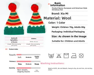 Detailed size chart for knitted Christmas hats with red pom poms for adults and children