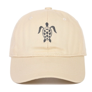 Beige soft top cotton baseball cap featuring dark grey turtle embroidery and curved brim