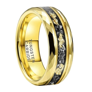 Men's Tungsten Steel Ring Faceted Prism Cut With Gold Foil Crushed Stone Inlay High Quality Fashion Jewelry Wedding Band