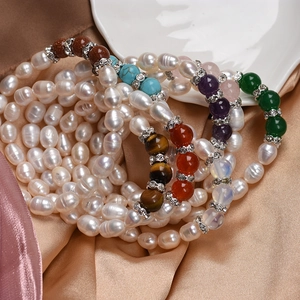 Natural Freshwater Pearl Beaded Bracelet With Semi Precious Stone Agate Turquoise Alloy Rhinestone Spacers For Women Elegant
