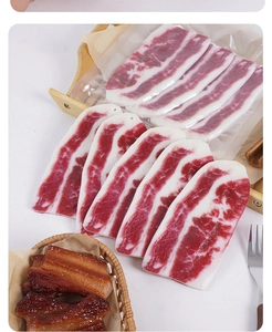 Realistic artificial snowflake beef slice model with marble texture on wooden tray