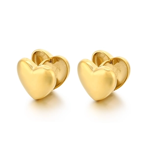 Symmetric pair of golden titanium steel heart earrings with polished mirror finish