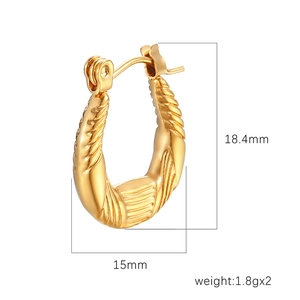 Polished 18K gold plated stainless steel twisted hoop earrings, 18.4mm by 15mm size