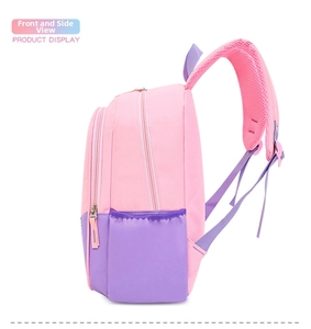 Side view of pink and purple children backpack with mesh breathable shoulder straps