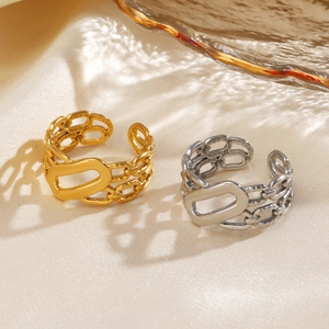 Adjustable Open Ring Stainless Steel 18K Gold Plated Hollow Chain Geometric Oval Minimalist Jewelry For Women