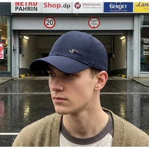 Detail of navy blue baseball cap showing premium sport embroidery and twill texture
