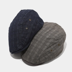 Japanese retro plaid newsboy flat cap in dark blue and brown grey with metal eyelets