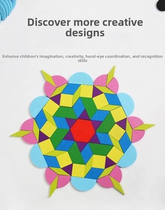 Detailed top view of colorful wooden geometric blocks arranged in a floral pattern