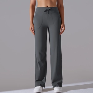 High-waisted dark grey drawstring wide leg yoga pants with side pockets for fitness