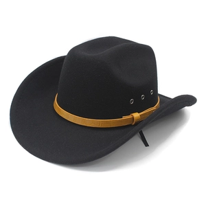 Classic black felt cowboy hat featuring a yellow crocodile pattern band and metal eyelets