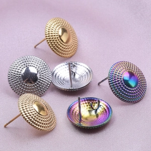 Macro shot of 304 stainless steel round earrings with textured metallic finish and colorful tones