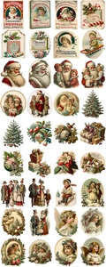 Detailed sheet of 36 vintage Christmas stickers featuring Santa and angels for DIY decor