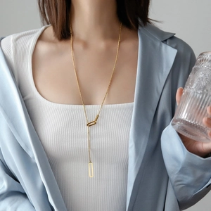 Stainless Steel Hollow Rectangular Pendant Long Y-Shaped Lariat Necklace Geometric Minimalist Sweater Chain Jewelry For Women