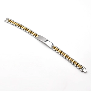 Detail of two-tone stainless steel watch band with gold and silver five-link chain design