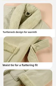 Detail of light green coral fleece robe showing shawl collar and thick plush lining