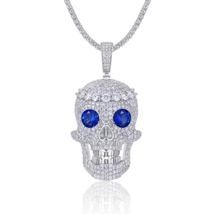 Hip hop S925 silver skull pendant with blue gemstone eyes and crown on a tennis chain