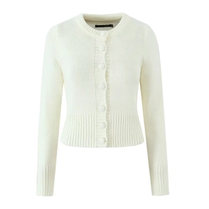 Women's cream white knit cardigan with round neck and buttons, elegant slim fit style