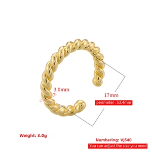 Detailed view of gold braided texture ring with dimensions 3mm width and 17mm diameter