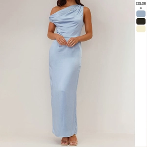 Women One Shoulder Satin Maxi Dress Asymmetrical Draped Bodycon Split Elegant Evening Party Formal Gown