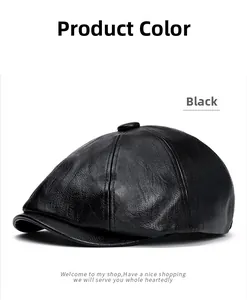 Close-up of black PU leather newsboy cap showing fine texture and decorative top button