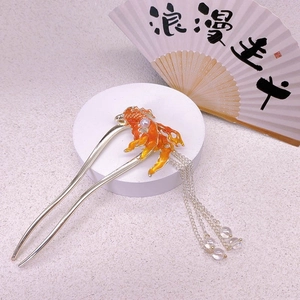 Traditional Chinese U-shaped goldfish hair pin with red enamel and tassel fringe