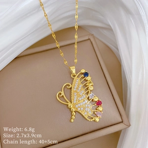Detail of gold butterfly necklace with colorful crystals and 6.8g weight specifications