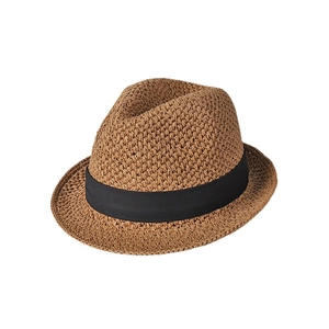 Handcrafted tan straw fedora hat for women with a black ribbon band for summer travel