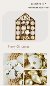 Detailed view of 56pcs gold and white Christmas ornaments in a house-shaped gift box