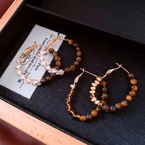 Vintage 18k gold plated tiger eye hoop earrings set with shimmering stones in a gift box