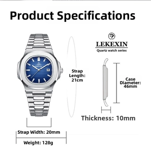 Detailed view of ultra-thin silver men's watch with blue dial and steel strap dimensions
