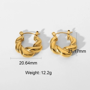 Detailed view of twisted gold hoop earrings with dimensions 21.17mm and 12.2g weight
