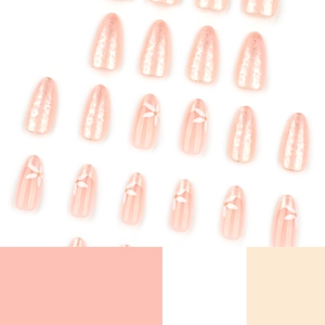Sweet white flower press-on almond nails in peach pink with metallic glitter finish
