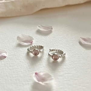 925 Sterling Silver Hoop Earrings With Pink Strawberry Quartz Crystal Round Minimalist Korean Jewelry For Women