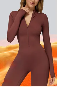 Detailed view of dark brown thermal jumpsuit with front zipper and fleece lining