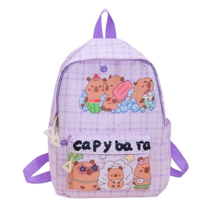 Cute purple plaid backpack with capybara cartoon print for school kids aged 3-6