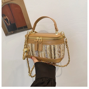 Detail of caramel leather and striped woven mini box bag with gold chain and dual zippers