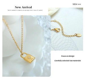 Close-up of 18k gold-plated padlock pendant with zircon inlay and K18 engraving