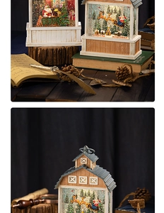 Gros plan d'une lanterne de Noël lumineuse avec neige tournante et décor de Père Noël