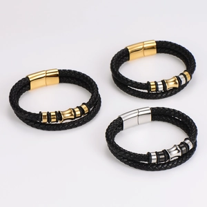 Pulsera de cuero trenzado de doble capa para hombre con cierre magnético y abalorios