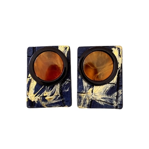 Retro resin square leather earrings with dark blue and gold textures in a minimalist style