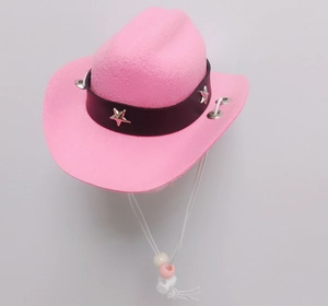 Rosa Cowboy-Haustierhut mit schwarzem Sternenband und verstellbarer weißer Kordel
