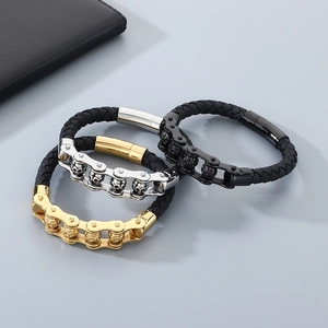 Men's punk leather bracelets with skull charms in gold, silver, and black finishes