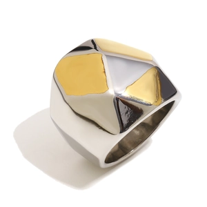 Thick 18K gold plated stainless steel ring featuring a geometric two-tone spherical design