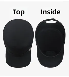 Detail view of the black flat top military cap showing top stitching and adjustable strap