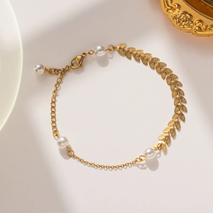 Bracelet Feuille Épi De Blé En Acier Inoxydable Plaqué Or Avec Künstliche Perles Fantaisie Bijou Élégant Pour Femme Réglable