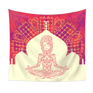 Close-up of bohemian yoga wall tapestry featuring mandala patterns and meditating woman